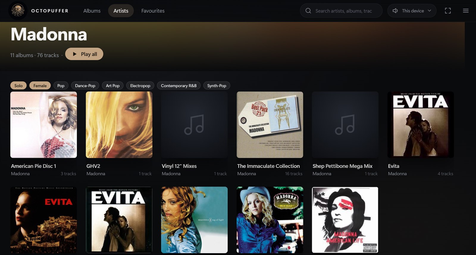 OCTOPUFFER artist page with photo, genre tags and track counts
