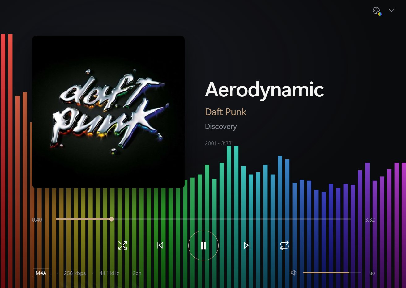 OCTOPUFFER Now Playing screen — Daft Punk with the rainbow equaliser visualiser